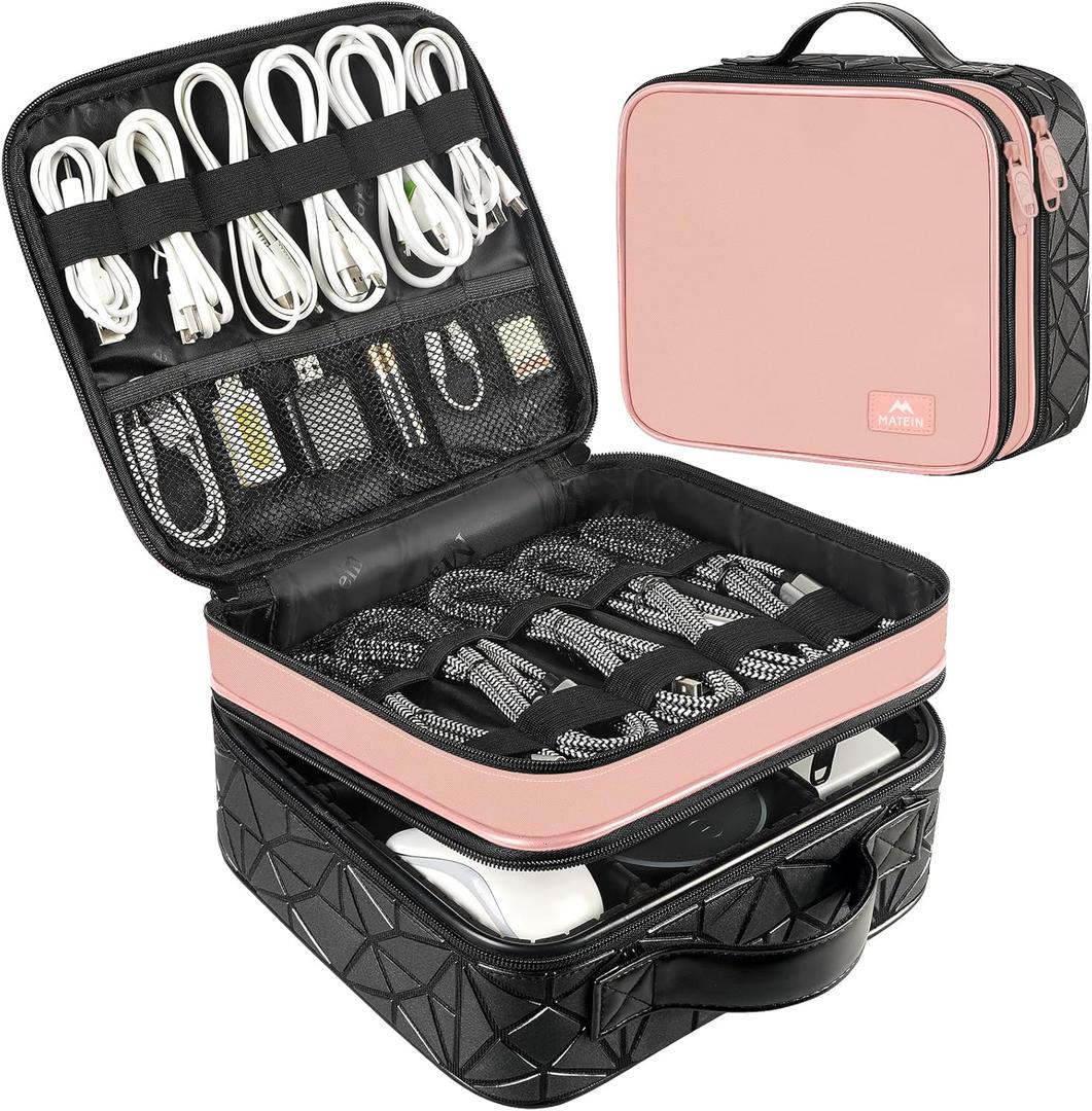MATEIN Cord Organizer Case with Adjustable Divider, DJ Cable File Bag for DJ Gear, Sound Instrument and Music Equipment Accessories, Shockproof Portable Double Layer Cord Bags, Pink (Medium)