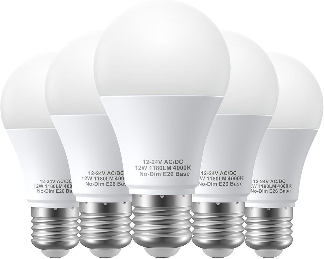 12V LED Light Bulbs, 12W 1050LM Natrual White 4000K, 80W Equivalent 12-24Volt Low Voltage E26 Base AC/DC Light Bulbs for Off Grid Solar Lighting Marine Boat, A19 RV Light Bulbs Landscape Garden Yard