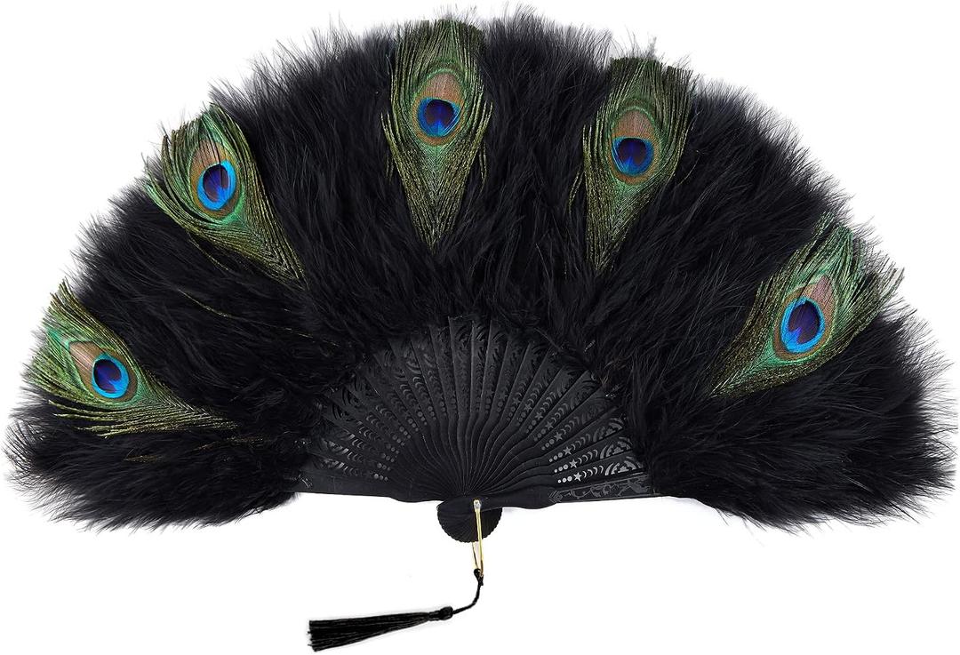 BABEYOND Marabou Feather Fan 20s Vintage Folding Fan Flapper Hand Fan for Costume Dancing Show Tea Party Wedding Decoration (Black&Peacock-Black Rib)