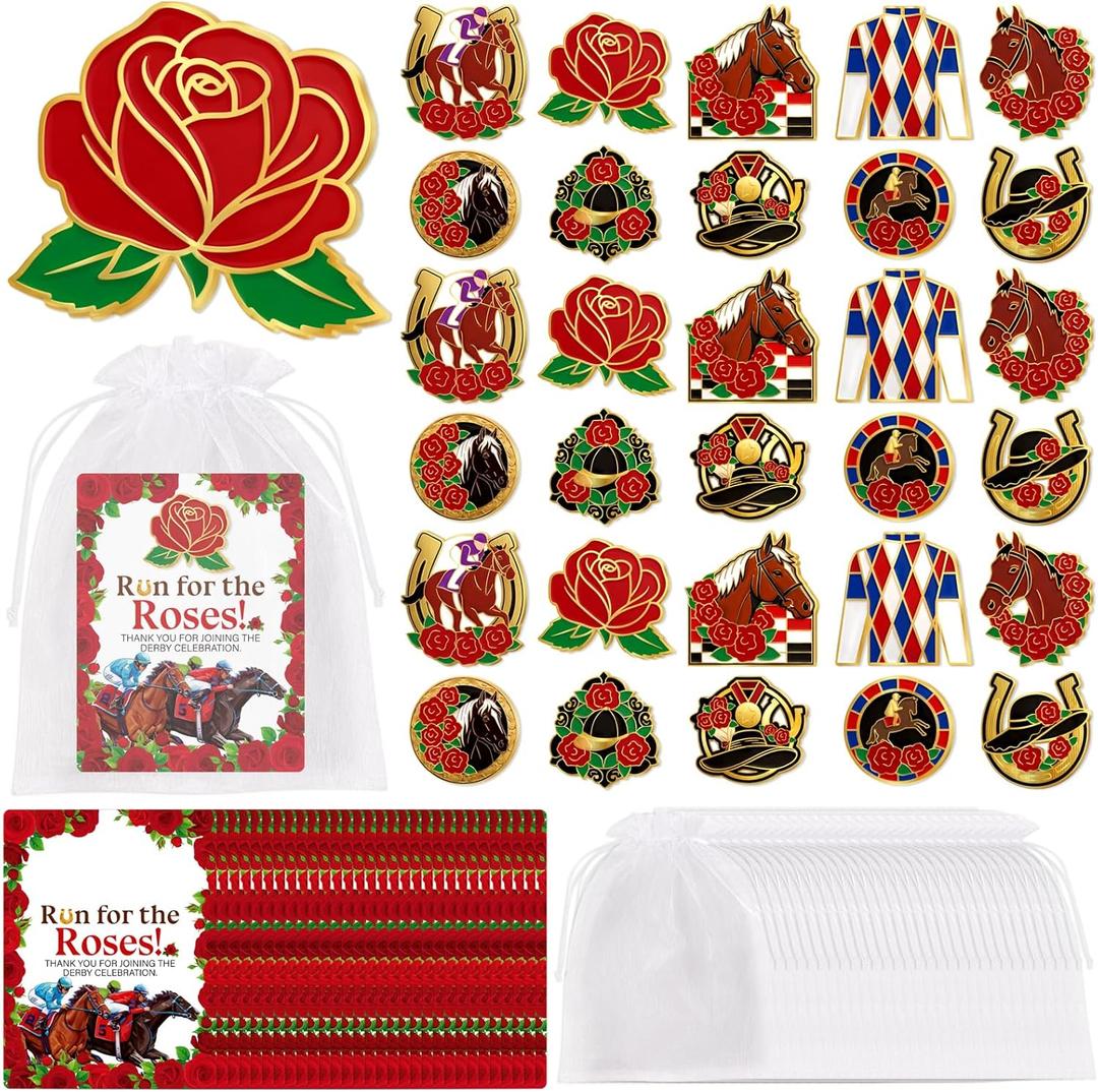 30sets Kentucky Party Derby Decoration Gifts Horse Brooch, Hat, Rose Pins with Cards Bags, Bulk Party Favors, Racing Accessories for Women