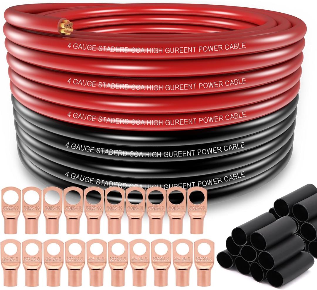 4 Gauge Wire (25ft Each- Black/Red) Copper Clad Aluminum CCA,20pcs Lugs Terminal Connectors with 3:1 Heat Shrink Tube for Power/Auto,Amplifier,Ground Cable