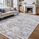 6' x 9' Area Rug, Washable Non-Slip Vintage Low-Pile Faux Wool Carpet, Soft Pet Friendly Farmhouse Rug for Living Room Bedroom Dining Room, Grey