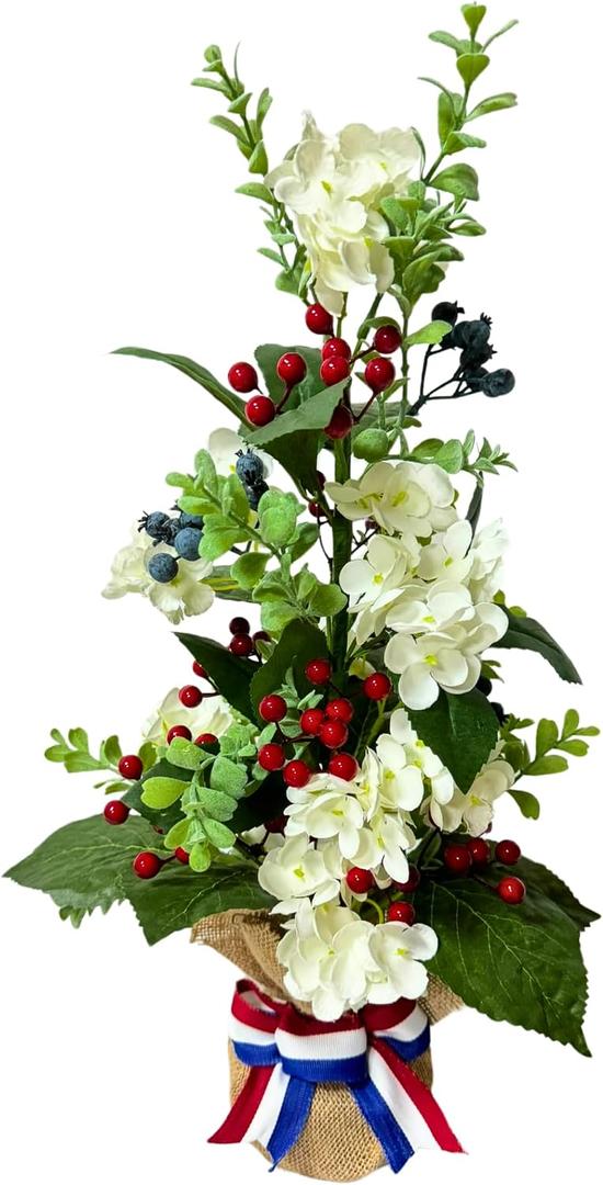 Lighted Patriotic Tree 4th of July Decorations Patriotic Floral Arrangement Centerpiece for Table Red Berries White Hydrangea Blueberry 10 LED with Timer for Independence Day Home Decor,Memorial Day