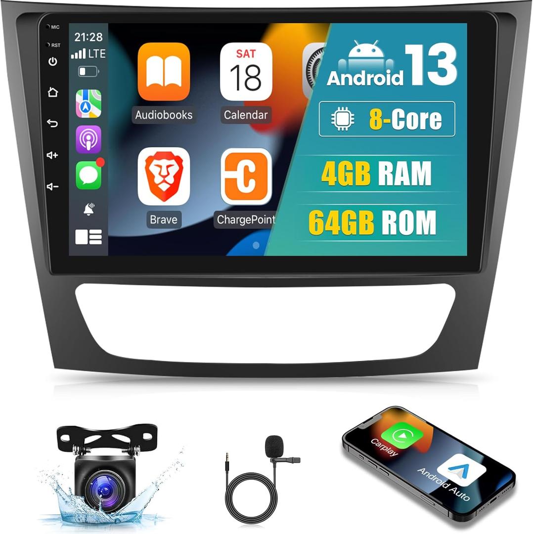 [4G+64G] 8 Core Car Radio for Mercedes Benz E Class W211 E200 CLS W219 2002-2009, Android 13 Touch Screen W211 Stereo, DSP 32 EQ/IPS/Carplay/Android Auto/SWC/Bluetooth 5.0/WiFi