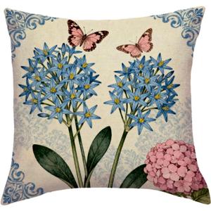 Vintage Blue Flower & Pink Butterfly Throw Pillow Cover 18x18 Inch,Shabby Chic Hydrangea Floral Butterfly Cushion Case Farmhouse French Cottage Home Decor Pillowcases for Couch Sofa Bedroom (Blue)