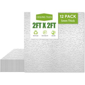 2ft x 2ft Drop Ceiling TilesPrinted Pro Ceiling Tiles 24 x 24in. Waterproof, Washable and Fire-Rated - Reusable - High-Grade PVC to Prevent Breakage Cover 48 Sq. Ft, Pack of 12 Tiles (White)
