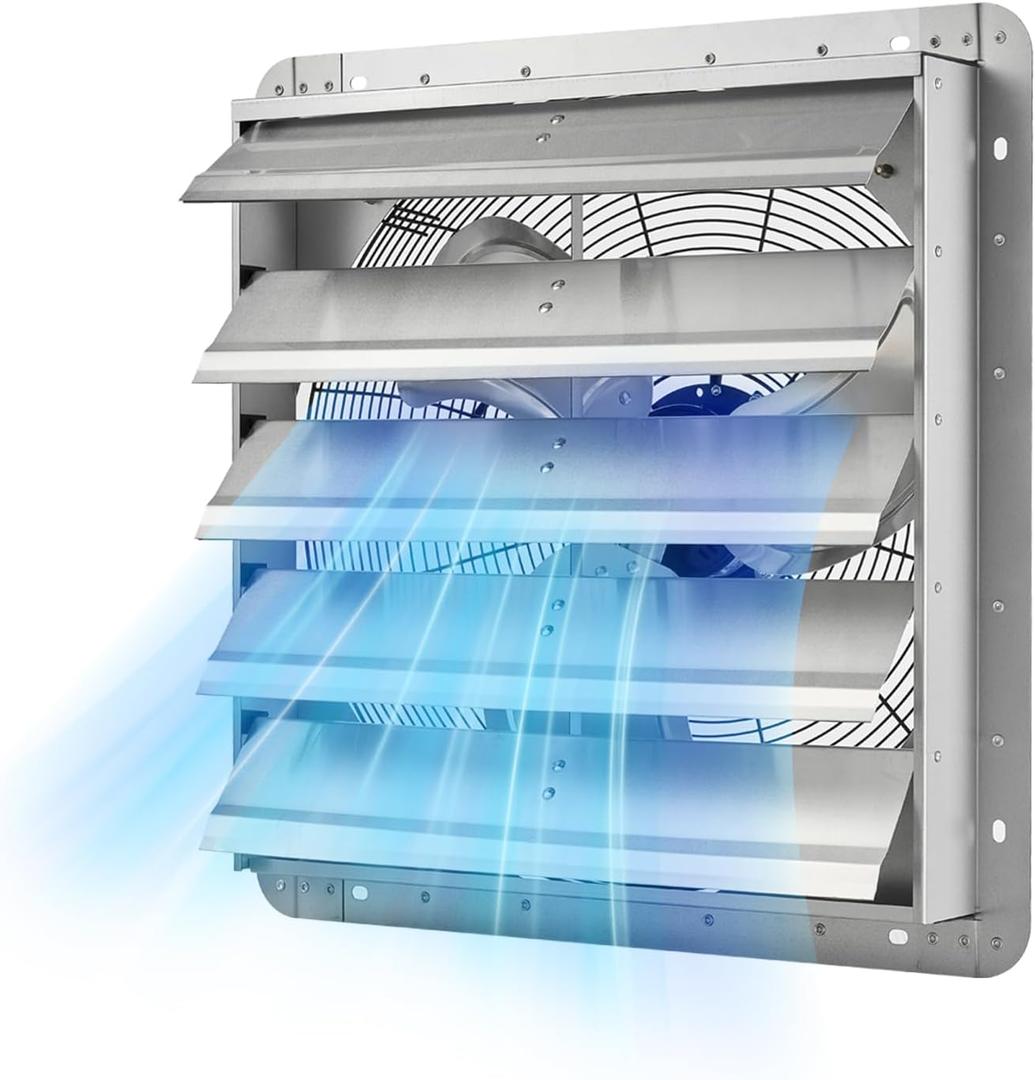 VEVOR 20 inch Shutter Exhaust Fan, Wall Mounted Attic Vent Fan with 3000 CFM Airflow, AC Motor, Heavy-duty Steel Construction, Low Noise for Shed, Garage, Greenhouse Ventilation Cooling, Silver