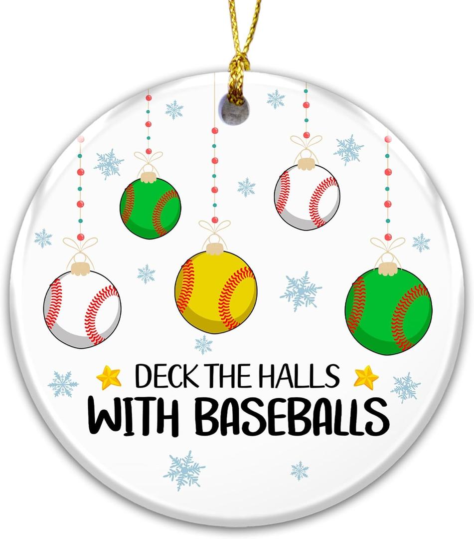 4 x Baseballs Ornament 2025  White Elephant Gift, Deck The Halls with Baseballs Ceramic Ornament  Holiday Tree Decoration for Baseball Players & Fans, Gag Gift & Stocking Stuffer