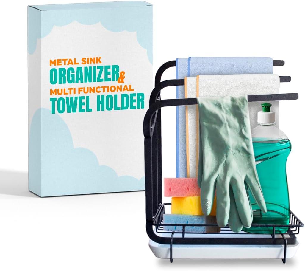 Metal Sink Organizer - Multi-Functional Towel Holder, Sponge Rack, and Dishwashing Accessories Organizer - Liquid Drainage Base Organizer - Incredible space savings