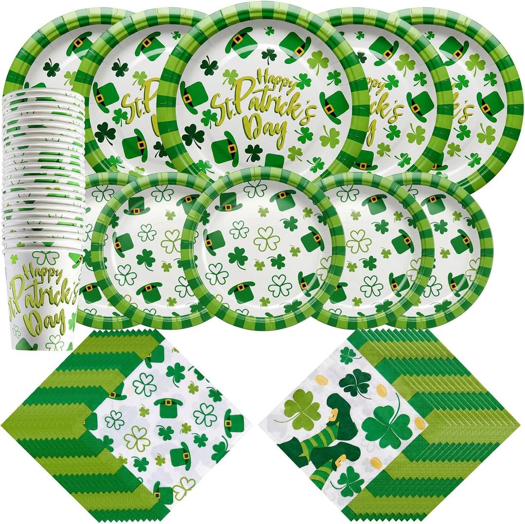 St Patricks Day Party Decorations Set Serve 24, St Patricks Day Party Supplies Kit Includes Green Shamrocks Disposable Dinner Plates, Dessert Plates, Napkins, Cups for Green Irish Party Decorations