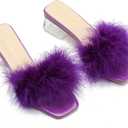 Women's Square Toe Heeled Sandals Low Block Chunky Heels Clear Mules Fluffy Feather Slip on Wedding Bridal Party Dress Shoes (Purple) 41