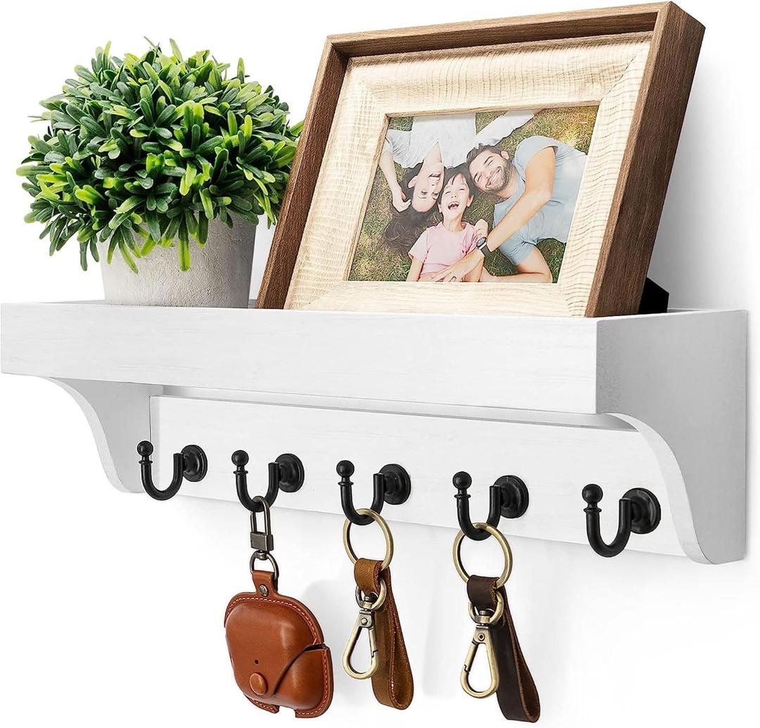 Rebee Vision Key and Mail Holder for Wall with Floating Shelf : Decorative Hanging Organizer with 5 Sturdy Keys Hooks and Wall Mount Key Rack - Farmhouse Entryway Dcor (Modern White)