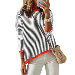 ZESICA Womens Spring Striped Sweaters Long Sleeve Crew Neck Shirts Color Block Lightweight Pullover Tops, Black, Size X-Large