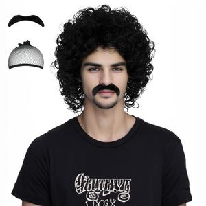 Miss U Hair Jerry Curl Wig Mens Short Black Curly Wig With Mustache 70s Rocker Mullet Halloween Costume Miss U Hair Jerry Curl Wig Mens Short Black Curly Wig With Mustache 70s Rocker Mullet Halloween Costume