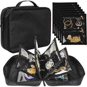 Travel Jewelry Organizer Case,Jewelry Bags Jewelry Storage Book Binder with Clear Zipper Velvet Pouch for Traveling,Earrings, Rings, Necklace, Bracelet (Black)