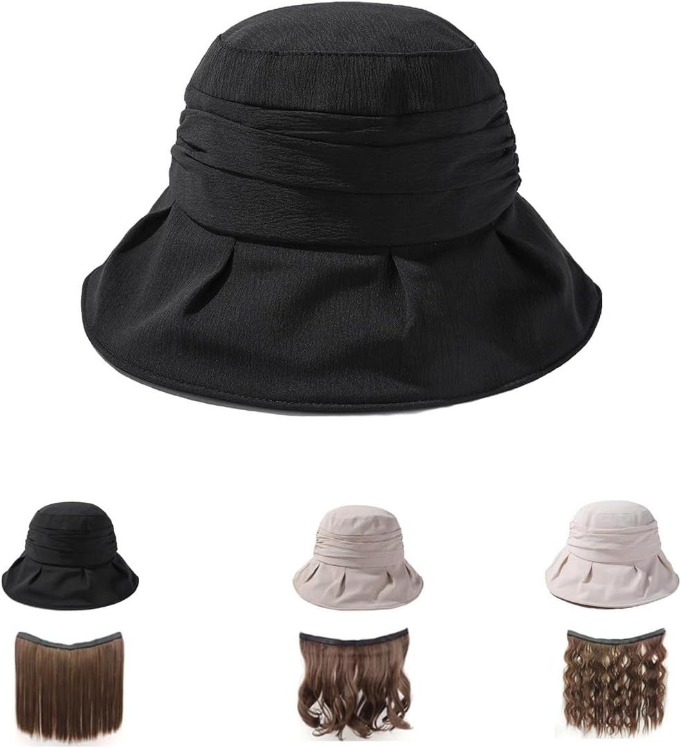 Summer Women's Beach Sun Hat, Wide Brim Sun Protection, Lightweight Cotton Hat with Hair Attached via Magic Tape
