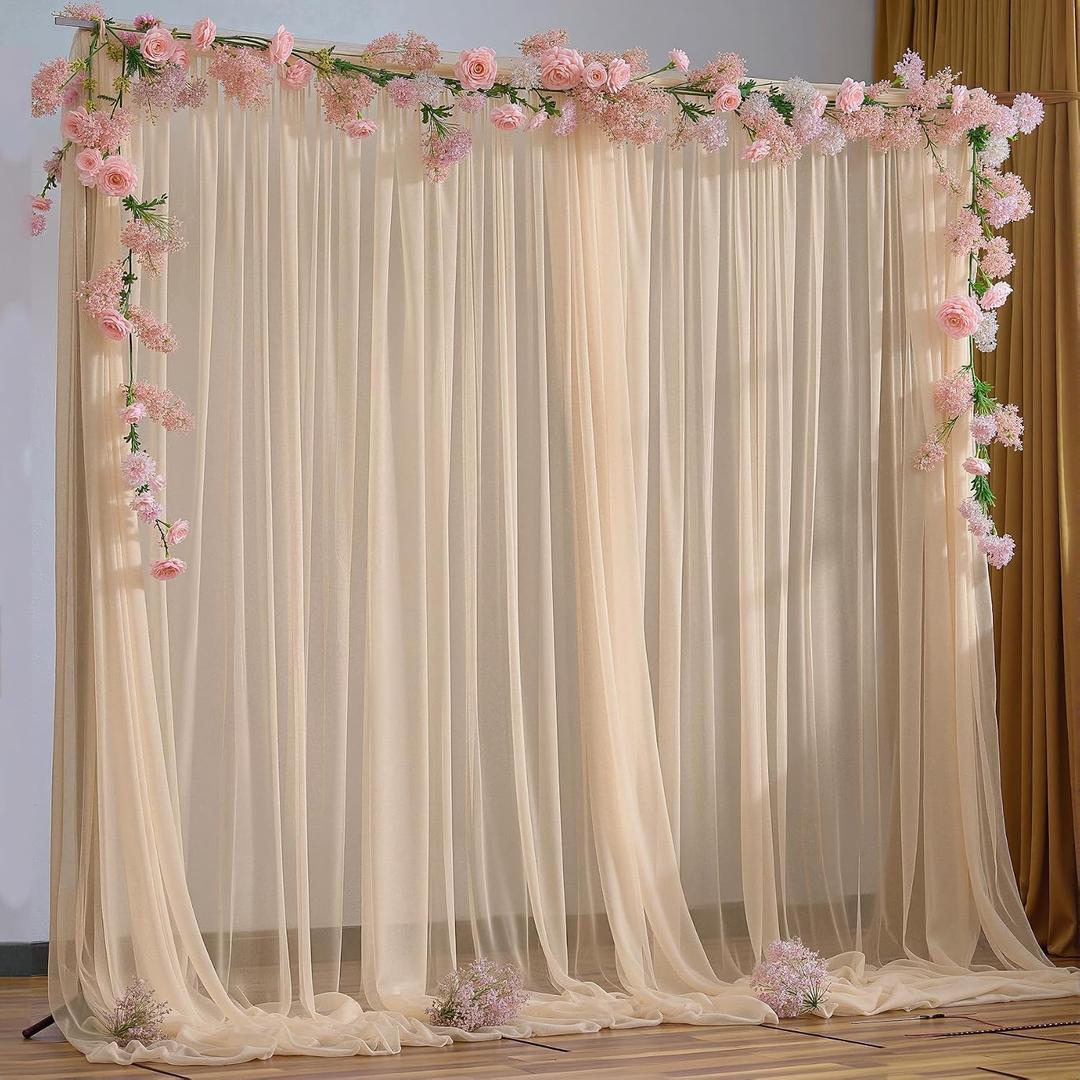 10x10FT Champagne Sheer Tulle Backdrop Curtains for Wedding Parties,2 Pack Photo Backdrop Curtains Ceiling Drapes for Birthday Party Baby Shower,Arch Fabric Background with Rod Pocket