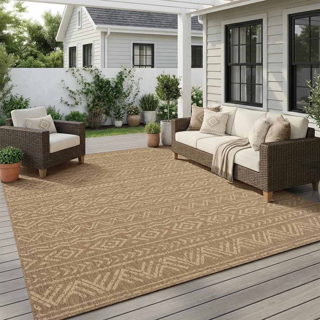 MontVoo-Outdoor Rug-Patio Rug 8x10 Polypropylene Indoor Outdoor Rug Outdoor Carpet for Patio Deck Balcony Porch, Textured Weave, Durable for High Traffic, Fade-Resistant, Boho Farmhouse Neutral Brown