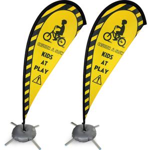 Newwiee 2 Pack Kids at Play Flag Banner Flag Safety Sign with Fiberglass Poles and Weighted Base Slow Sign for Streets, Yards and Driveways(Yellow)