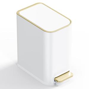 Small Bathroom Trash Can with Lid Soft Close, 5L / 1.3 Gallon Slim Garbage Can with Removable Inner Bucket, Step Stainless Steel Trash Bin for Office, Bathrooms, Bedroom, Living Room (White)