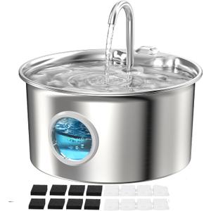 Pet Water Fountain Stainless Steel: Mental Cat Water Fountains with 8 Filters + 8 Sponges - 88oz/2.6L Noiseless Cats Waterer Bowl Dispenser - ATMZIQXR Kitten Drinking Fountains for Cats Indoor