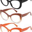 AMOMOMA 3 Pack Stylish Oversized Cat Eye Reading Glasses for Women Fashion Readers Blue Light Square Computer Glases AM6077 (C1.black+c2.tortoise Grading Green+c5.orange Grading)