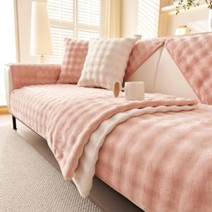 Velvet Couch Cover,Faux Fur Couch Cover,Non-Slip Plush Couch Cover Furniture Protector (Pink,36"x82"/4-stear Cover)