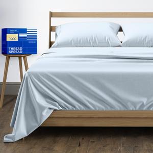 THREAD SPREAD 100% Pure Egyptian Cotton Sheets Queen Size - 1000 High Thread Count Sheet, 4 PC Luxury Hotel Sheets for Queen Bed, 16" Deep Pocket Sateen Soft Cooling Bedding Sets - Light Blue