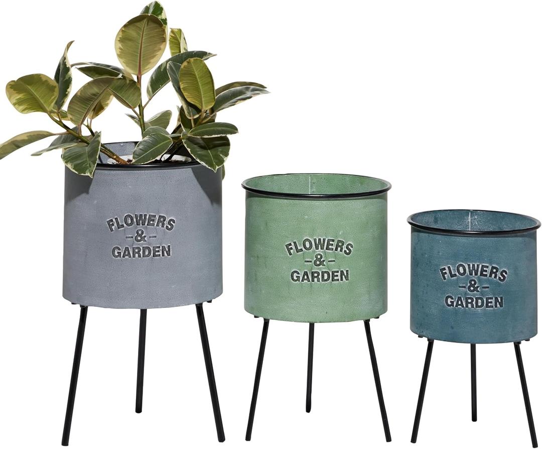Deco 79 Metal Indoor Outdoor Planter Large Planter Pot with Flowers And Garden Text and Black Tripod Legs, Set of 3 Planters 20", 18", 16"H, Multi Colored