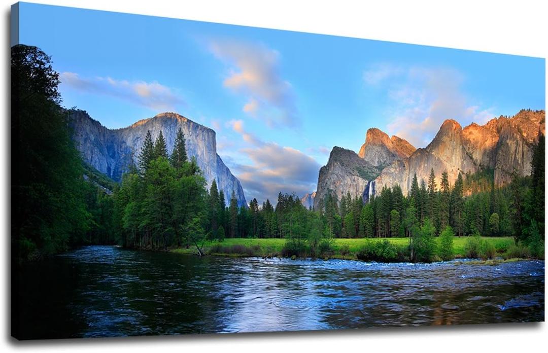 Canvas Wall Art Panorama of Yosemite Valley Painting Canvas Artwork Lake Mountain National Park Nature Pictures Framed Wall Art for Living Room Bedroom Office Wall Decor Home Decoration 29" x 58"