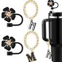 Straw Covers for Stanley Cup Accessories: Black Decorations for Stanley 30 oz & 40 oz Tumbler with Handle, Bling Letter Charms and Flower Silicone Straw Cap Topper, Trendy Stuff for Teen Girls & Women, Set of 3 (2 Ms & 1 S)