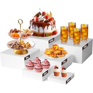 6PCS Buffet Risers, Food Risers for Buffet Table, Display Stand Shelf for Party Catering Dessert Collectibles, White Acrylic Cube Boxes Nesting Risers with Hollow Bottoms (Size 10" 9" 8" 7" 6" 5")