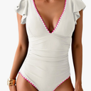 Women's One Piece Ruffle Swimsuit Tummy Control Bathing Suit V Neck Shell Stitched Swim Suit Slimming Swimwear, Large