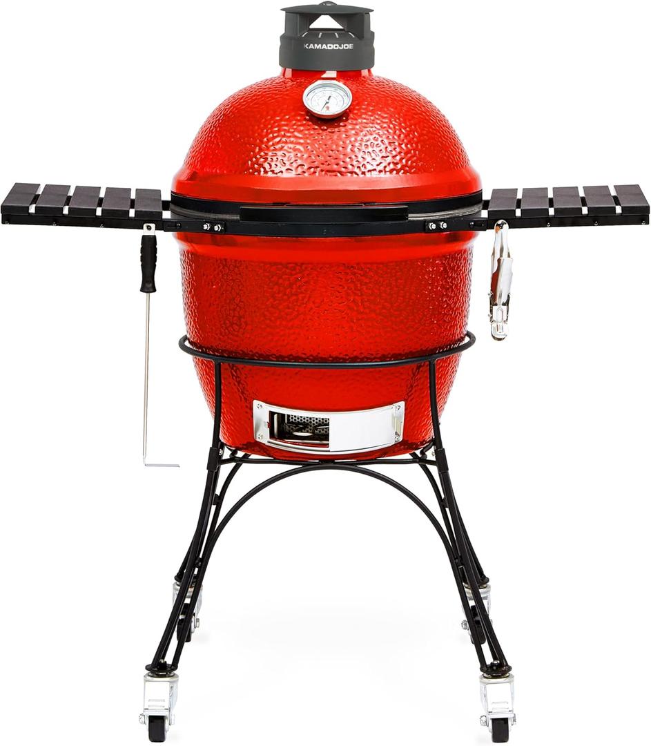 Kamado Joe Classic Joe Series II 18-inch Ceramic Charcoal Grill and Smoker with Cart, Side Shelves, Stainless Steel Grates and 250 Cooking Square Inches in Red, Model KJ-23RHC