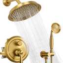 Brushed-Gold Vintage Shower-Faucet Sets, Antique Brass Shower System, Wall Mounted, 9" Rain Head and Handheld Spray, 2 Way Diverter Rough in Valve with Trim Kit