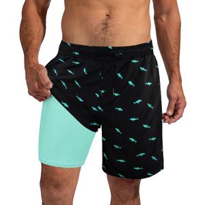 XiaoMoSha Mens Swim Trunks with Compression Liner 7" Quick Dry Board Shorts Bathing Suit with Pockets Swimwear Swimsuit (Large, Black)