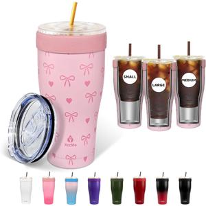 Universal Iced Coffee Sleeve,Double Wall Stainless Steel Insulator Fits 16-32oz Starbucks/Dunkin/McDonalds Cups,Pink Bow Reusable Iced Coffee Cup Holder,Leak-Proof Tumbler for Cold Drink