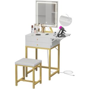Small Makeup Vanity Desk with Lights - White Girls Vanity Set with Mirror and Chair, Make Up Dresser Table with Drawers and Power Outlet for Bedroom Small Space, Gold