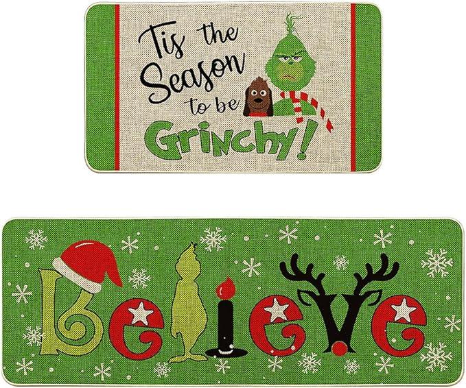 Christmas Kitchen Rugs and Mats Set of 2, Christmas Indoor Floor Mats Non-Slip Kitchen Mat Door Mat Runner Rug for Kitchen Home Christmas Decor 17" x 47"+17" x 29"