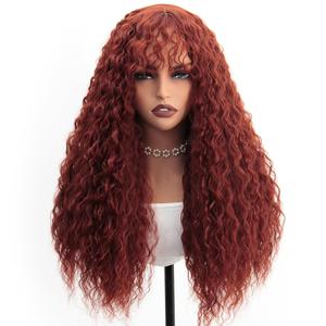 Synthetic Curly Wig with Bangs Heat Resistant Water Curl Hair Wigs for Women Long Afro Water Curly Wigs Full and Thick Reddish Brown Curly Wig 26 Inch 