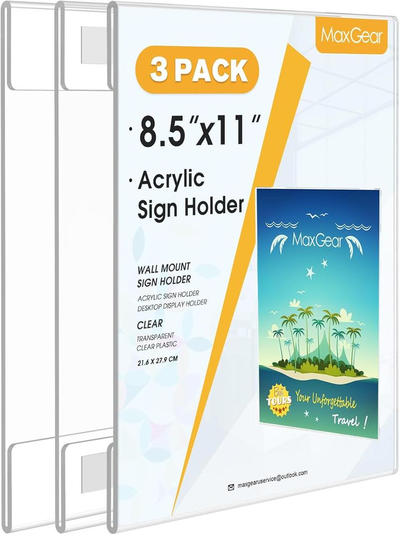MaxGear 3 Pack Acrylic Sign Holder 8.5 x 11 Wall Mount Clear Plastic Sign Holder with Double Sided Tape, Plexiglass Document Flyer Acrylic Wall Frame for Office, Home, Store, Restaurant