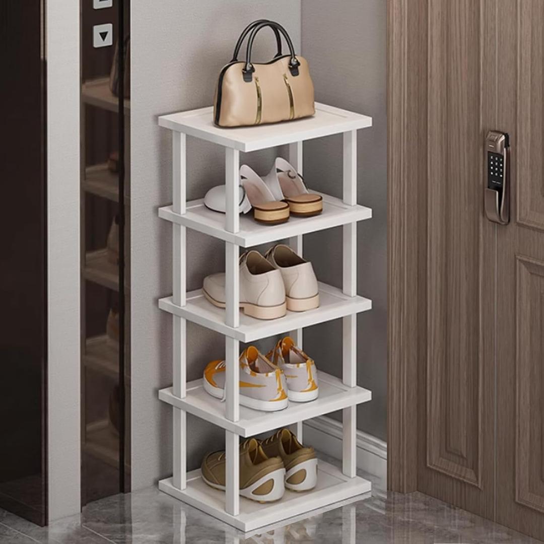 SAN HE Bamboo Shoe Rack 5Tier- Vertical White Shoe Rack for Small Spaces, Tall Narrow Shoe Rack Organizer for Closet Entryway Corner Garage and Bedroom,Skinny Shoe Shelf with Free Stackable DIY