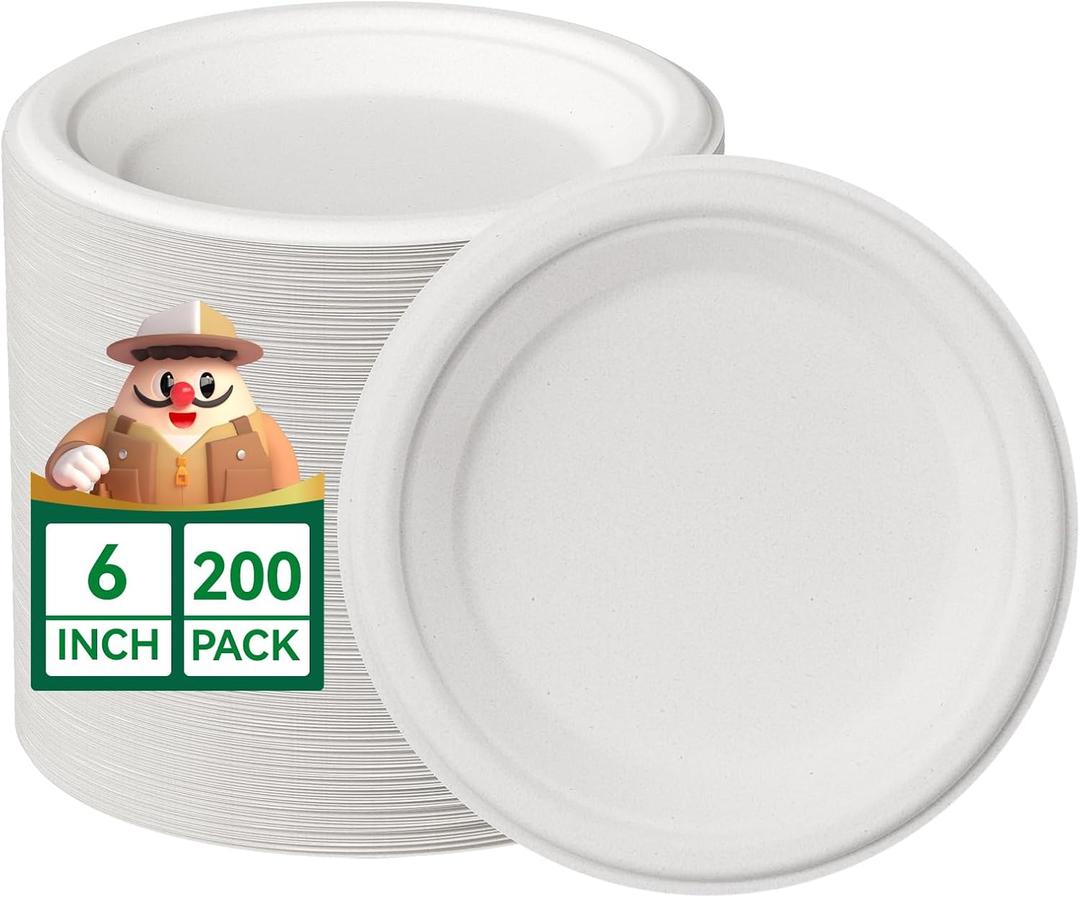JOLLY CHEF 100% Compostable Small Paper Plates, 200 Pack 6 Inch Heavy Duty Dessert Plates, Disposable Biodegradable Eco-Friendly Sugarcane, Bulk White
