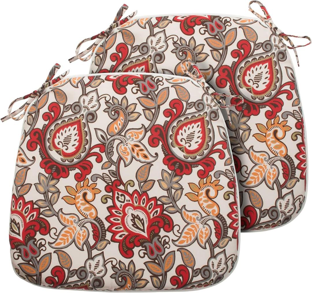 Magpie Fabrics Outdoor/Indoor 17"x16"x2" Chair Cushions with Ties Set of 2, Waterproof All Weather U-Shape Seat Pads Decoration for Patio Garden Furniture Home Office (Botanical Red Orange)