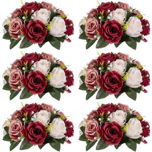 Nuptio Artificial Flower Centrepieces for Tables - 6 Pcs Burgundy & Dusty Rose & Creamy White Fake Flowers Roses Balls 9.5in Diam - Silk Faux Rose Arrangement for Wedding Party Centerpiece Table Decor