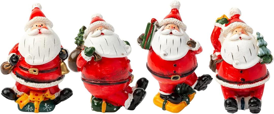 Christmas Miniature Figurines, 4PCS Mini Christmas Santa Claus Ornaments Christmas Miniature Ornament Resin Santa Figurines for Xmas Santa Claus Decoration Christmas Party Supplies