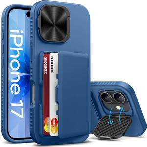 for iPhone 17 Case with Card Holder, Built-in Stand & Camera Lens Cover, Shockproof Rugged Silicone Bumper Raised Edge Protective Wallet Phone Case for iPhone 17 6.3" 2025, Blue