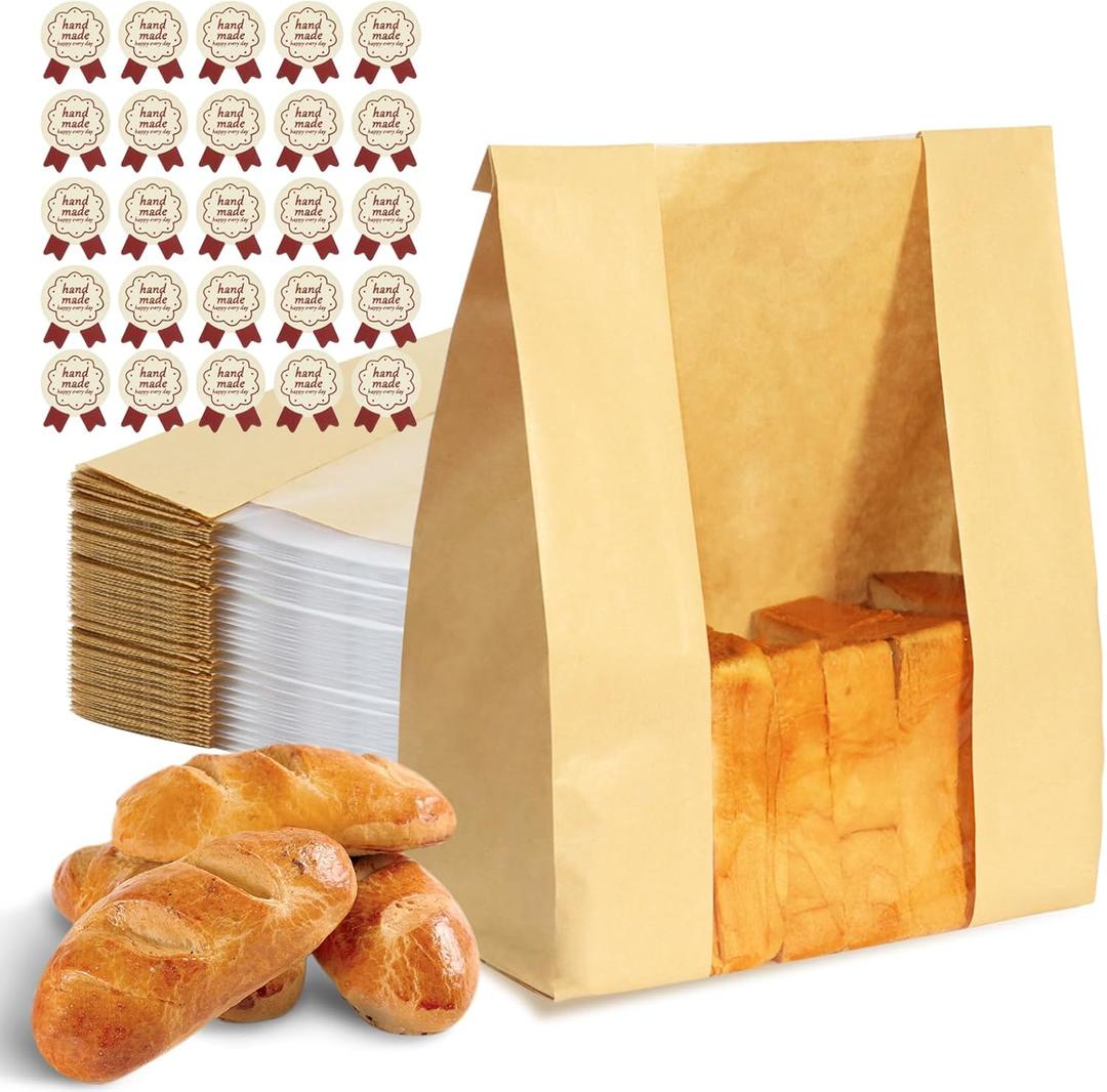 Bread Bags for Homemade Bread 100PCS Paper Sourdough Large Bakery Bags with Window for Baked Food Packaging Storage Gift Giving Includes 100PCS Label Seal Stickers 13.7x8.3x3.5in