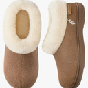 EverFoams Women's Microsuede Cozy Memory Foam Winter Slippers with Fuzzy Faux Fur Collar and Indoor Outdoor Rubber Sole Light Brown 7-8