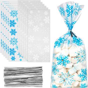 Labeol 200pcs Cellophane Bags 5X11 Christmas Treat Bags with Ties Goodie Bag Clear Gift Bag for Candy Cookie Party Favor Winter Wonderland Birthday Blue White Snowflake